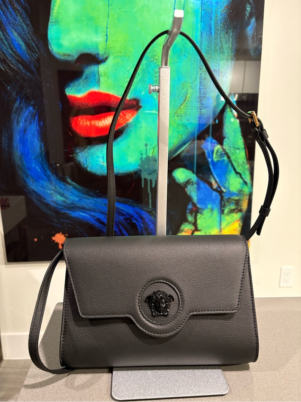 Versace Black Pebbled Leather Medusa Crossbody Bag